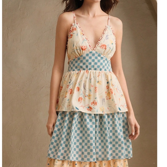 Boho Floral Print Layered Tiered Ruffle Hem Tie Back Cami maxi Dress - Picture 3 of 9